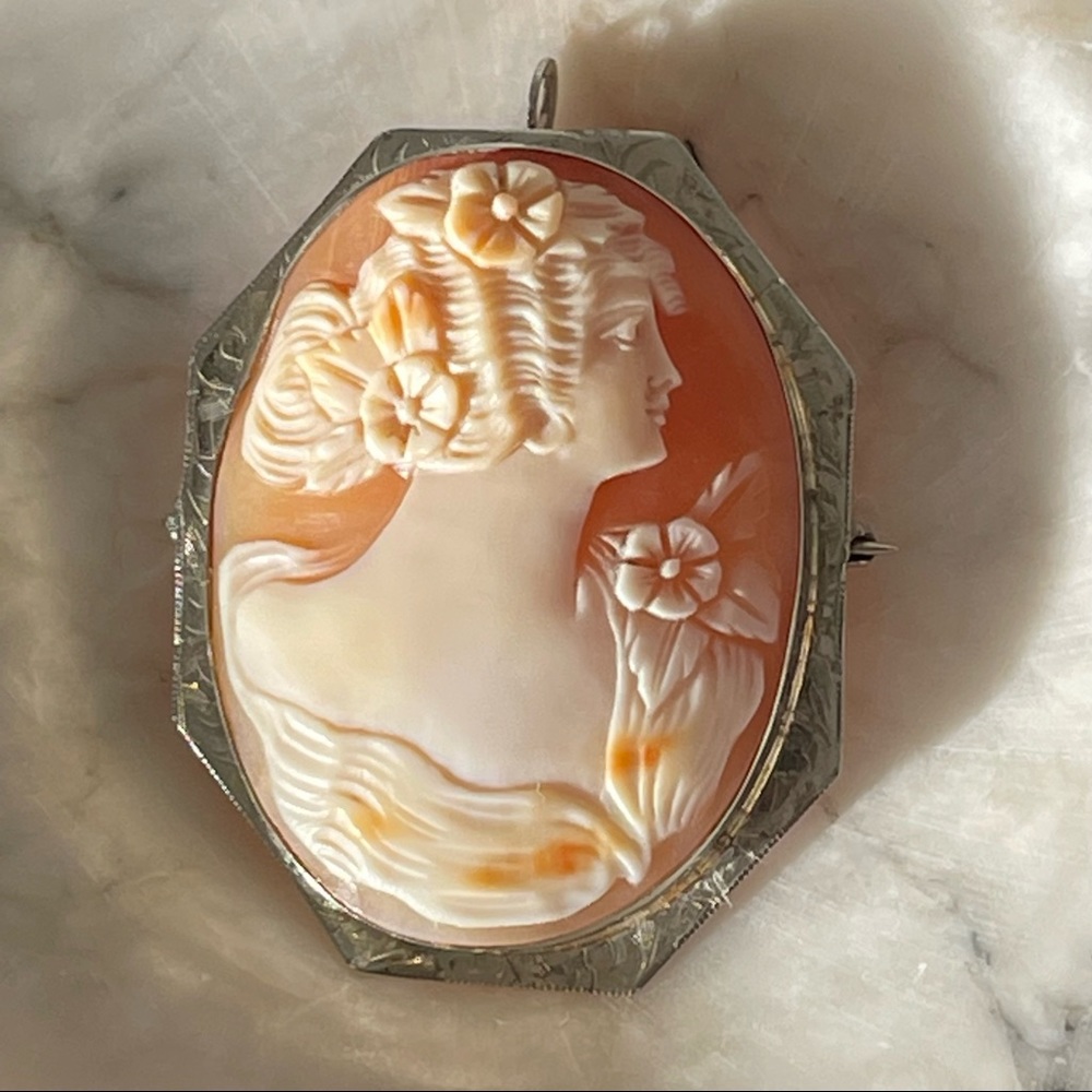 Solid 14K Antique white gold cameo Art Deco Goddess Victorian Pendant brooch pin